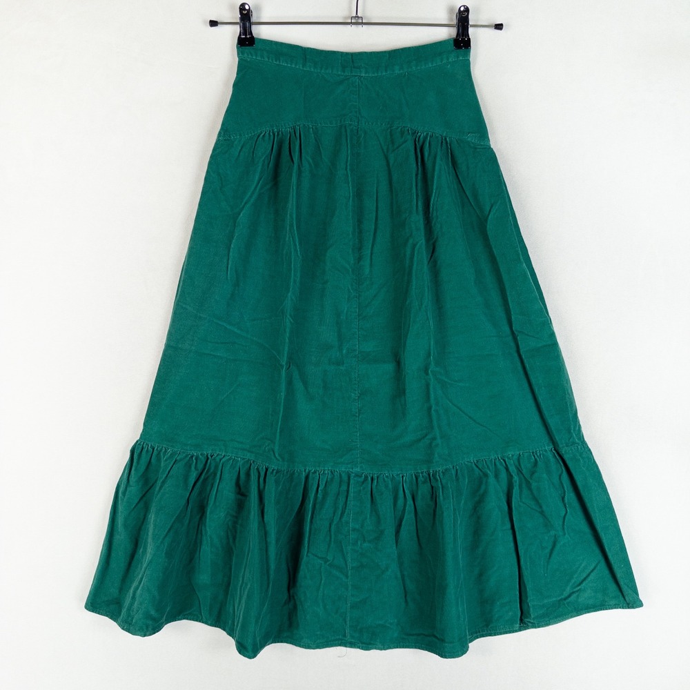 Vintage Corduroy Tiered Prairie Midi Skirt XS Green Boho Cottagecore